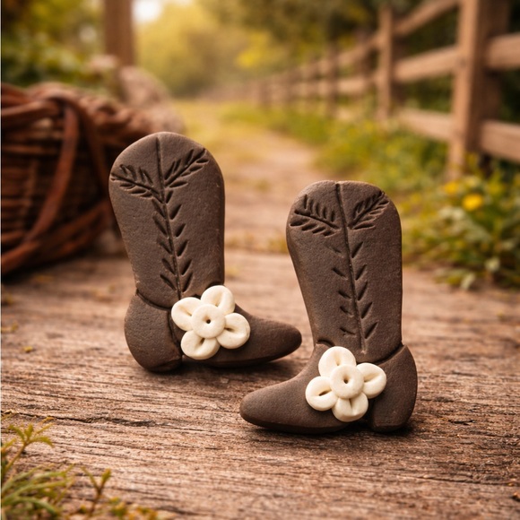 Jewelry - Brown Cowboy Boot Polymer Clay Earrings with Floral Detail